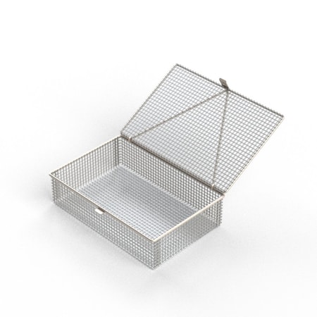 Anysizebasket Light Duty Basket: 12Lx8Wx1H, 304 SS, Hinged Lid with Thumb Clasp, No Handles, Mesh: 2 x .063 FLB-120080030-L02S